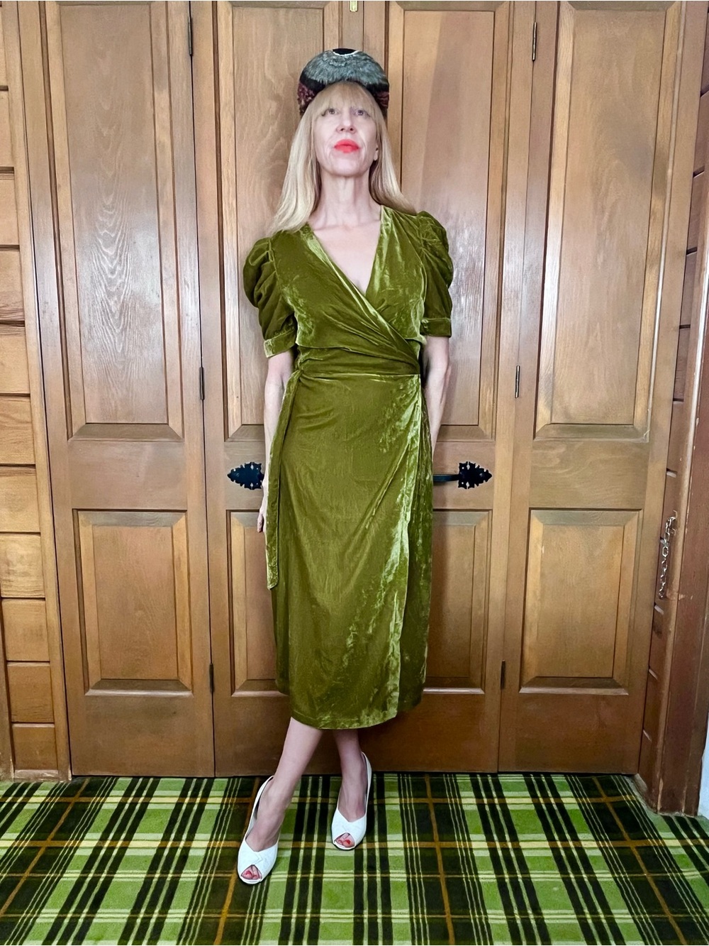 Olive Green Velvet Wrap Midi Dress